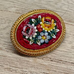 Vintage Micro Mosaic Art Deco Flower Brooch Pin Marked Italy Gold Tone Edge